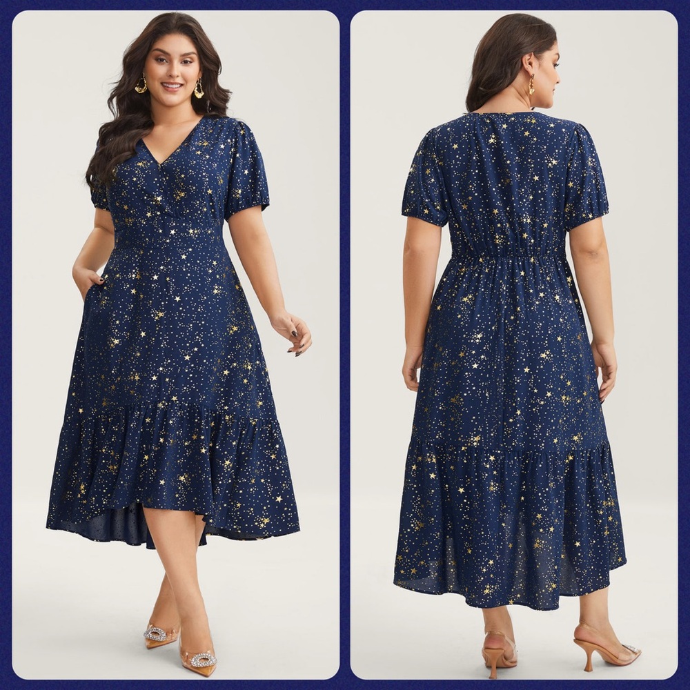 BloomChic NWOT Starry Ruffled Hem Slit Navy Midi Dress with Pockets Size 12